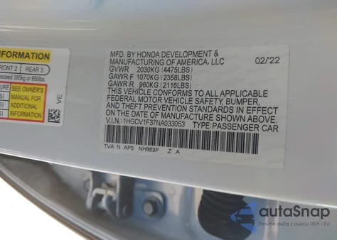 2022 Honda Accord Sport z USA, uszkodzony, nr VIN 1HGCV1F37NA033053